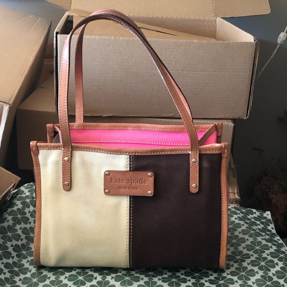 Kate Spade vintage small satchel tote in colorblock canvas with soft leather